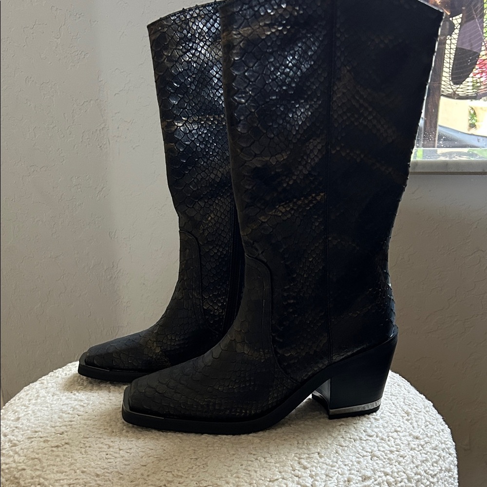 Vince Camuto Black Lace Heeled Boots with Chunky Heel